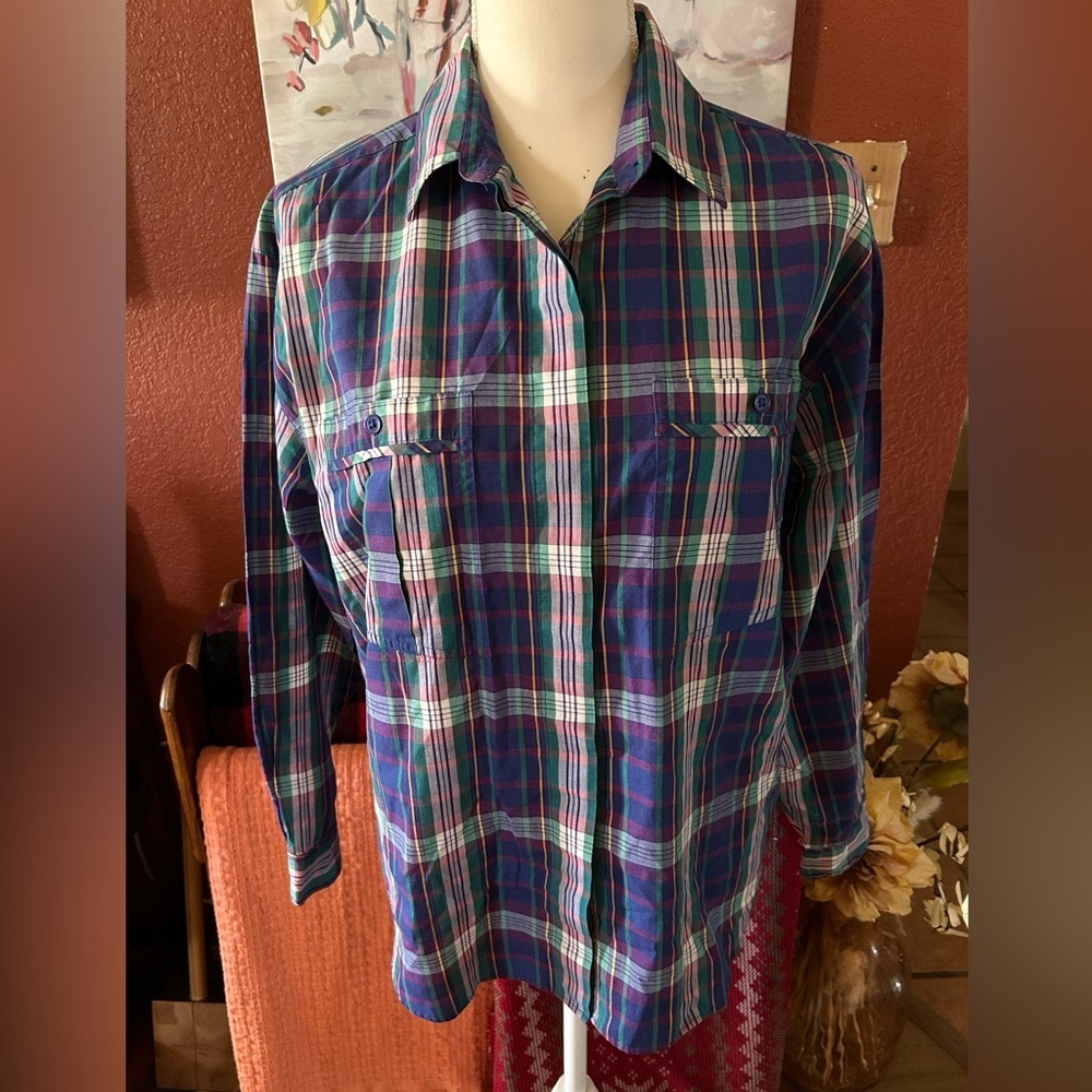 Partners By Mervyns Vintage Plaid Cotton Blend Button Up Shirt Size 14 Womens